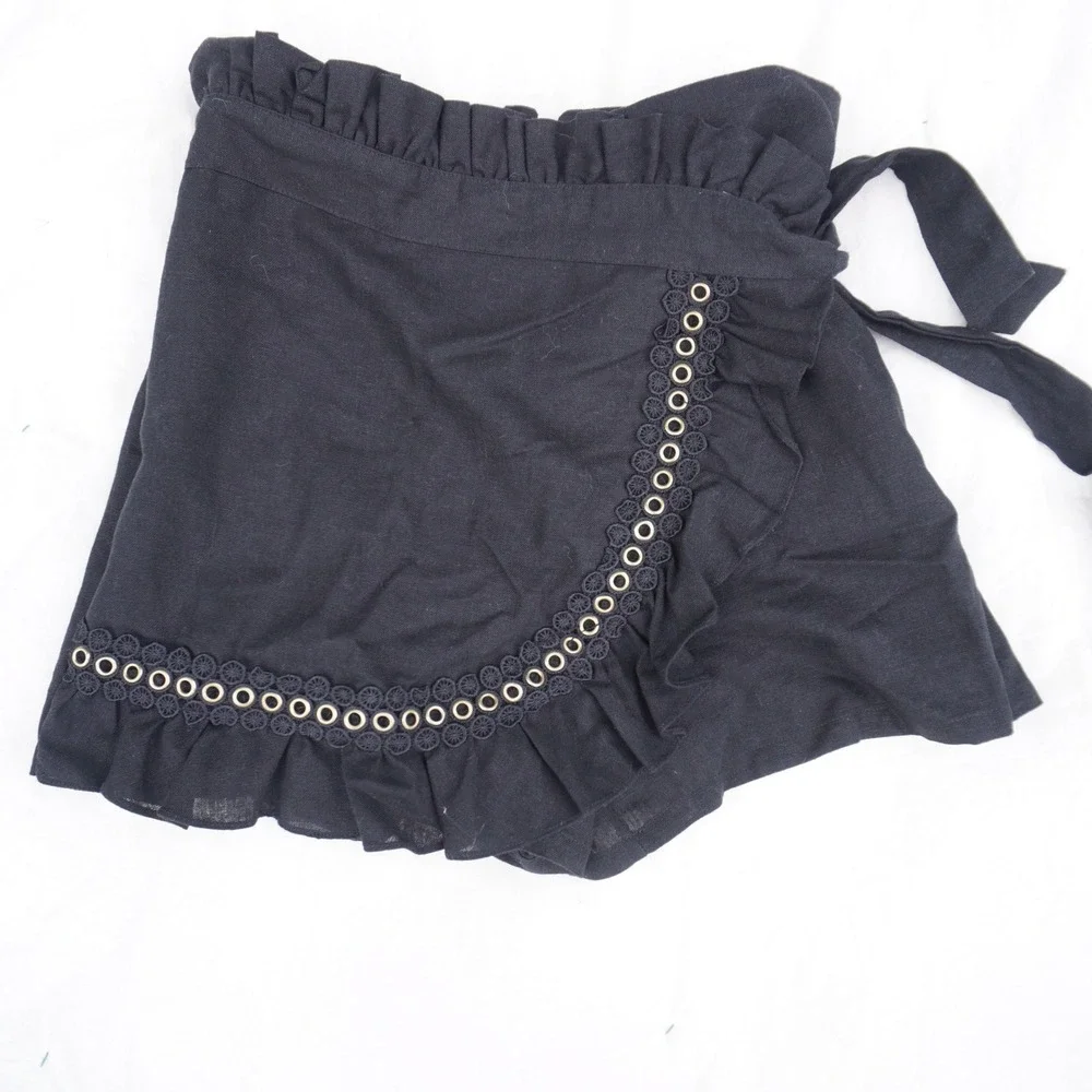MISA Los Angeles Ruffle‎ Shorts Eyelet Trim Paper Bag Waist Black S Goth Linen